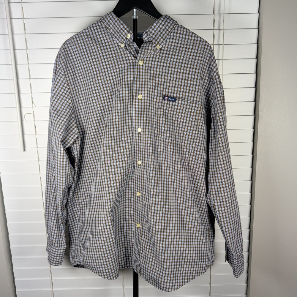 Chaps Button Down Shirt Mens Large Brown Blue Plaid Easy Care Excellent